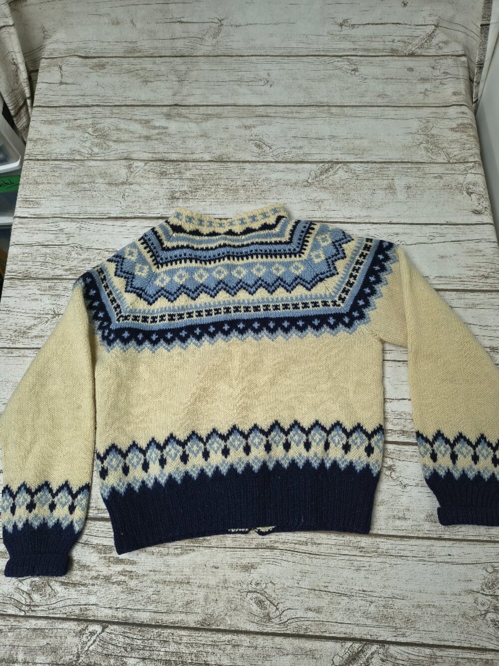 Gunn Reiss Made in Norway Wool Blue and Cream Button Front Fair Isle Cardigan